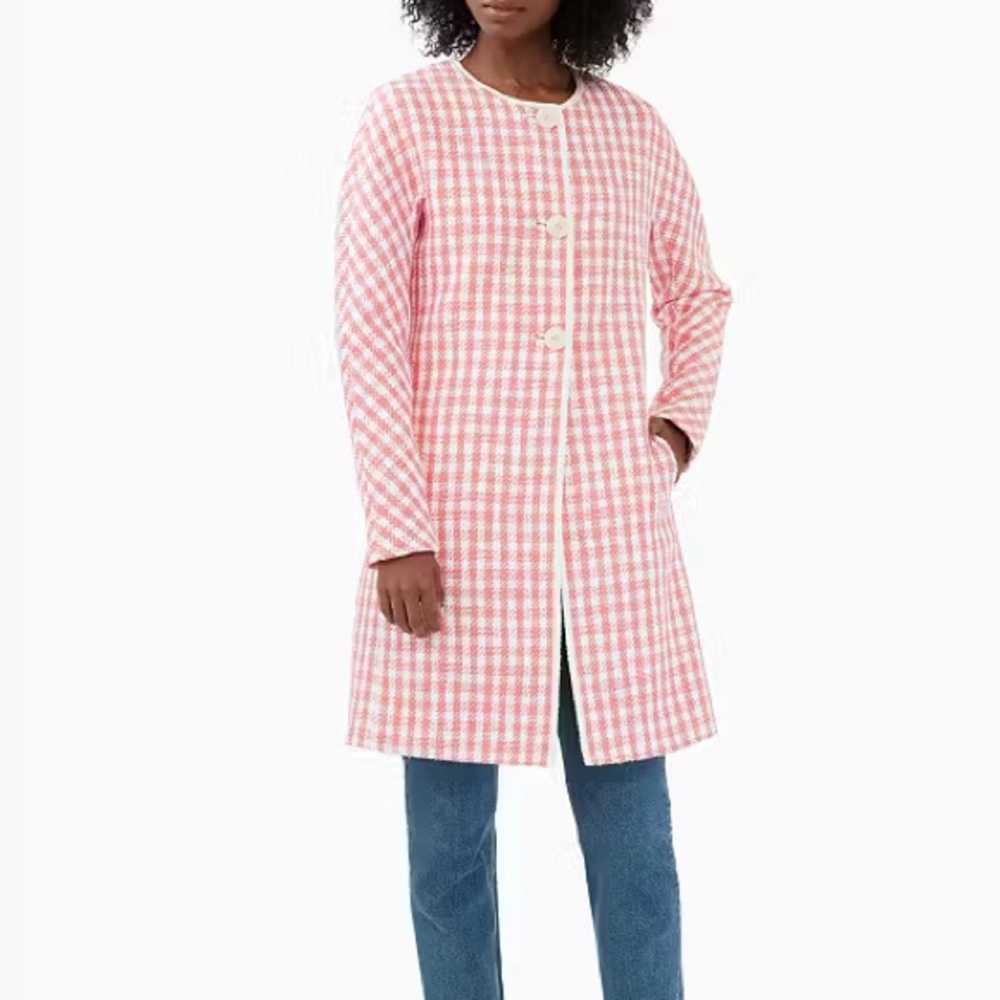 Kate Spade pink white gingham tweed 3 button long jacket Women’s sz L